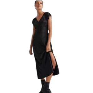 Madewell Black Satin Wide V-Neck Midi Dress NO107 NWT,  Sz 0